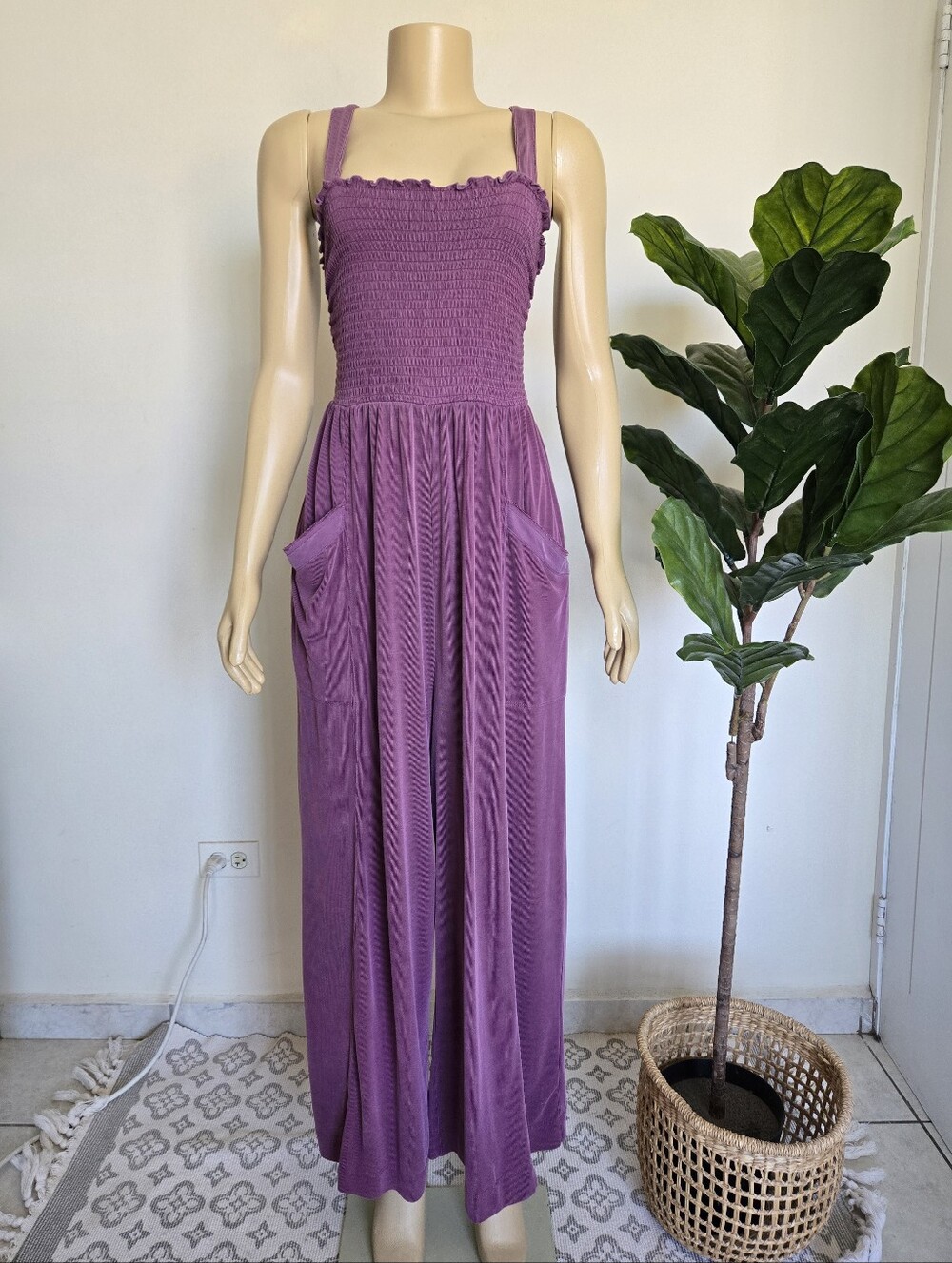 Saturday/Sunday Anthropologie Javiera Smocked Wide Leg Jumpsuit Plum Size M Lila